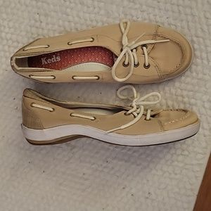 Keds khaki canvas fabric plaid trim  white laceup sneaker padded insole 7.5 EUC…